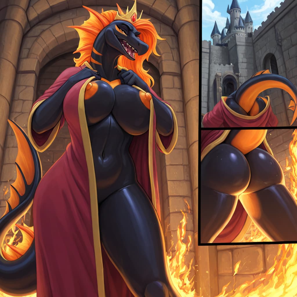 by jetshark, by trout (artist) by klongi Kalia  black body, yellow skin, orange_Nipples, Orange vagina orange hair black_scales Orange horns, tail_fin, robe  ,queen , crown solo_focus, wardrobe_malfun