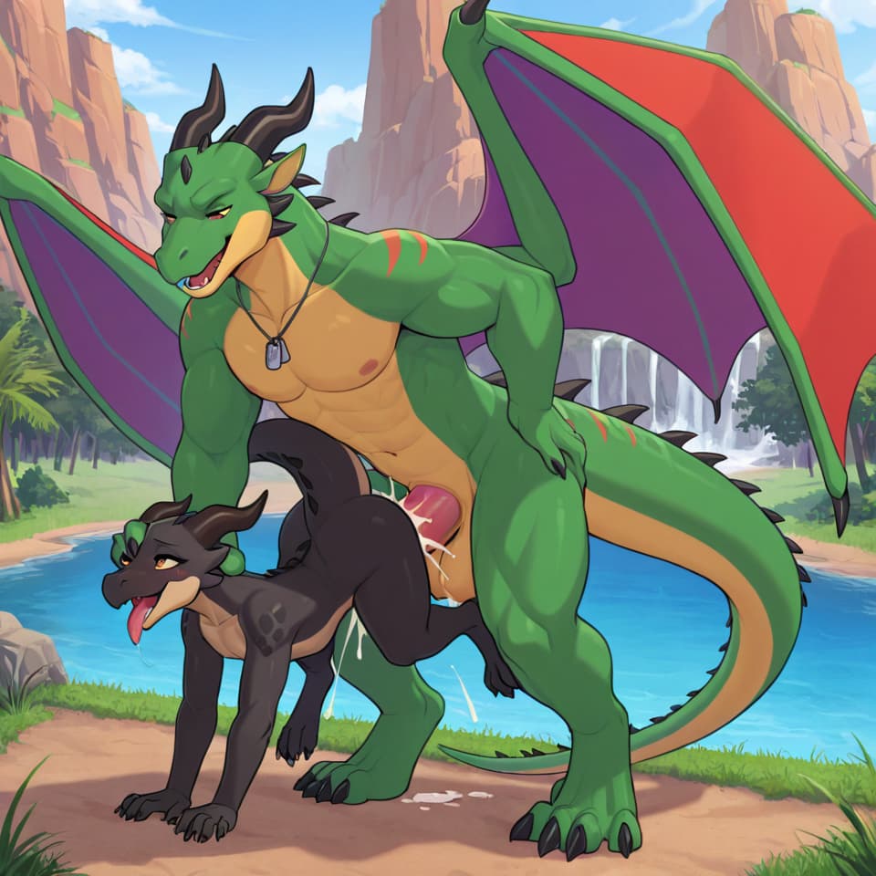 Trio, 1_male, two_females, +dragon, male, huge, big_penis, +kobold, female, playful, +kobold, female_plafull, playful, dragon_penetrating_kobold, vaginal_penetration, living_condom, cum_in_vagina, siz