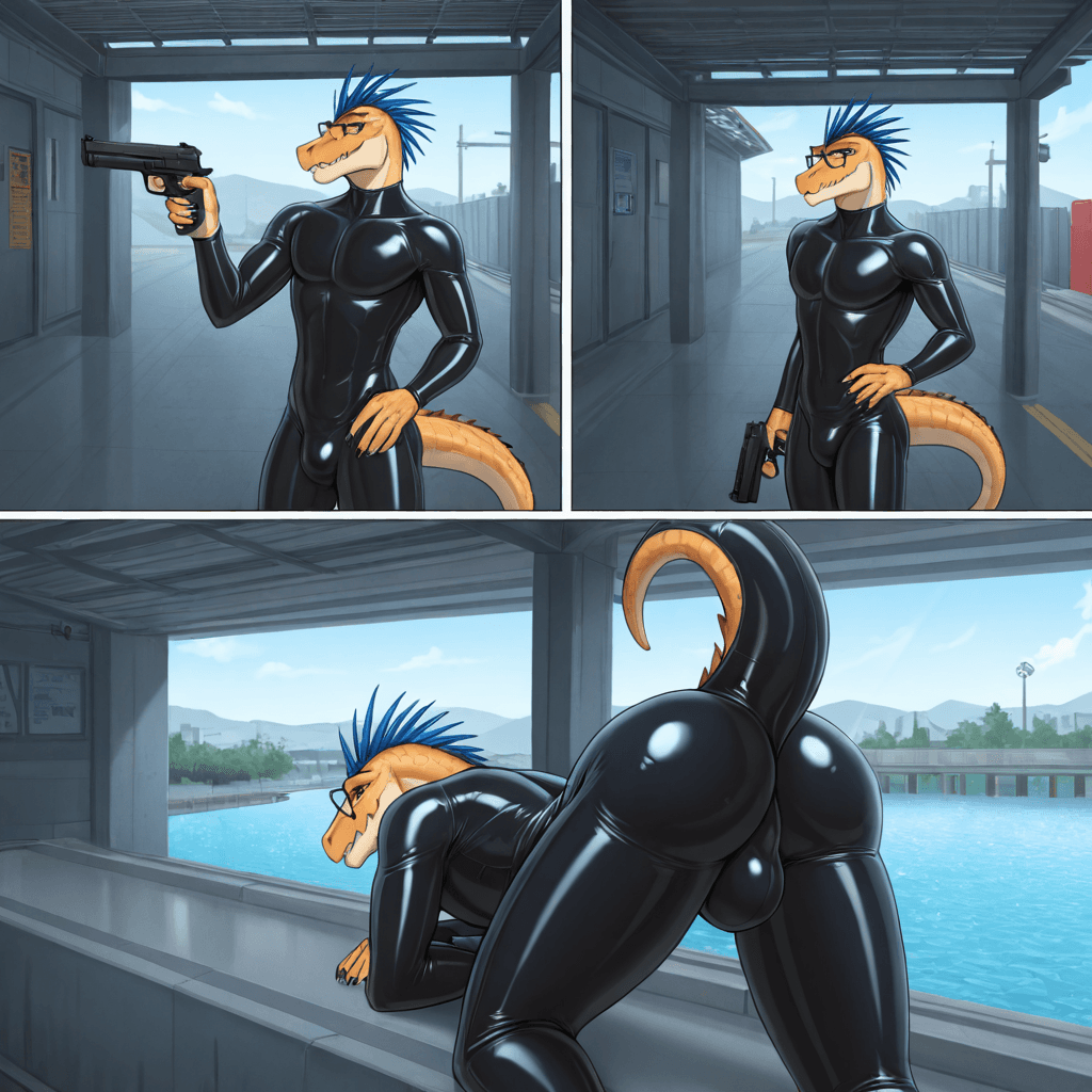 by brouva, by dark_nek0gami, by spiritalpham skinny Male, Male Kig-yar Ruuhtian scales, vanilla skin vanilla body, bulge, short_tail, solo_Focus multiple_piercings, short_male, older_male, glasses,
