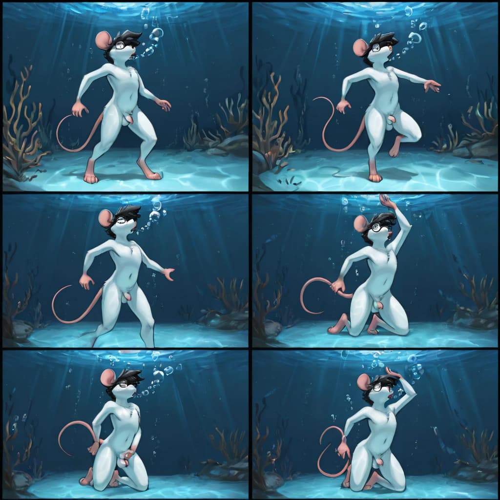 By Byondrage, by Maddworld, mouse, Male flat_chested, White skin, White fur, Cats_Tail, fluffy_tail, Glasses, Black hair, small_penis, micropenis, flaccid, solo_focus, underwater, darkness, nigh