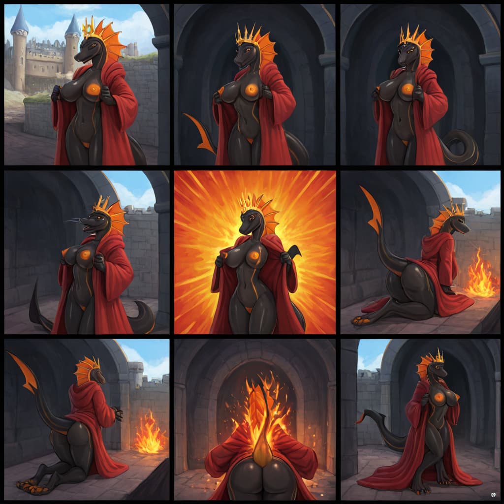 by jetshark, by trout (artist) by klongi Kalia black body, yellow skin, orange_Nipples, Orange vagina orange hair black_scales Orange horns, tail_fin, robe, queen, crown solo_focus, wardrobe_malfunct