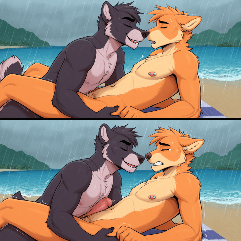 By nickii, by tartii, by kabier ,  Anthro, male, nipple_piercing, facial_piercing, duo_focus, Male long_penis, big_penis, gay male/male, flat_chested,  Beach, raining, struggling_prey, eyes_closed, 5_