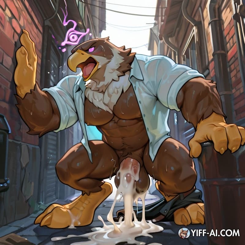 Eagle, muscular male, muscular anthro, big_hands, big_feet, muscular, cloaca, cloacal_penetration, fingers_in_cloaca, alley, excessive_cum, scared_face, mind_control, sweat, open_shirt, pants_down, 