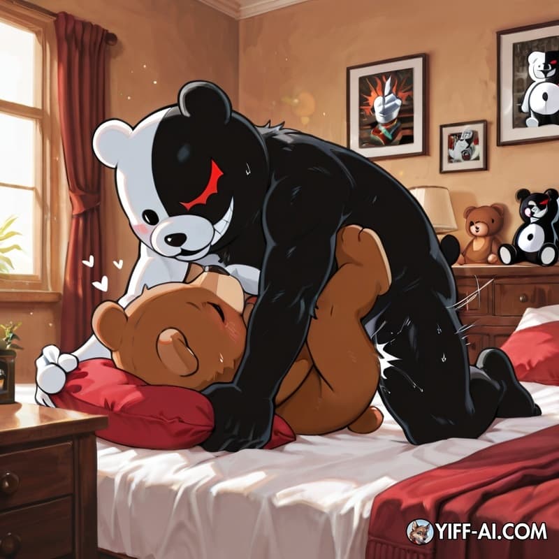 male_penetrating_male, monokuma, two_tone_fur, human_penetrating, teddy_bear,