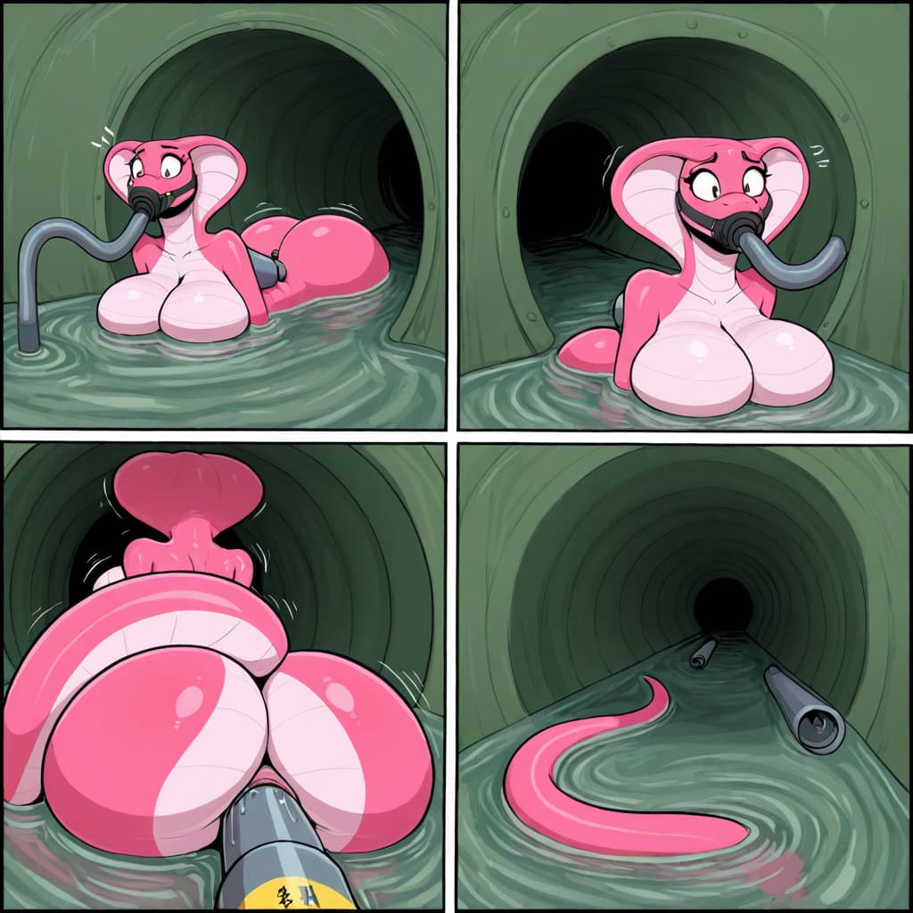 by byondrage, By chikiota  Anthro Cobra, Pink skin, pink scales, Pink body, Big breasts, breast_squish, big butt snake_hood, tailless, solo_focus,  vagina,   sewers, sewage, flooded, pipes, tunnel, bu