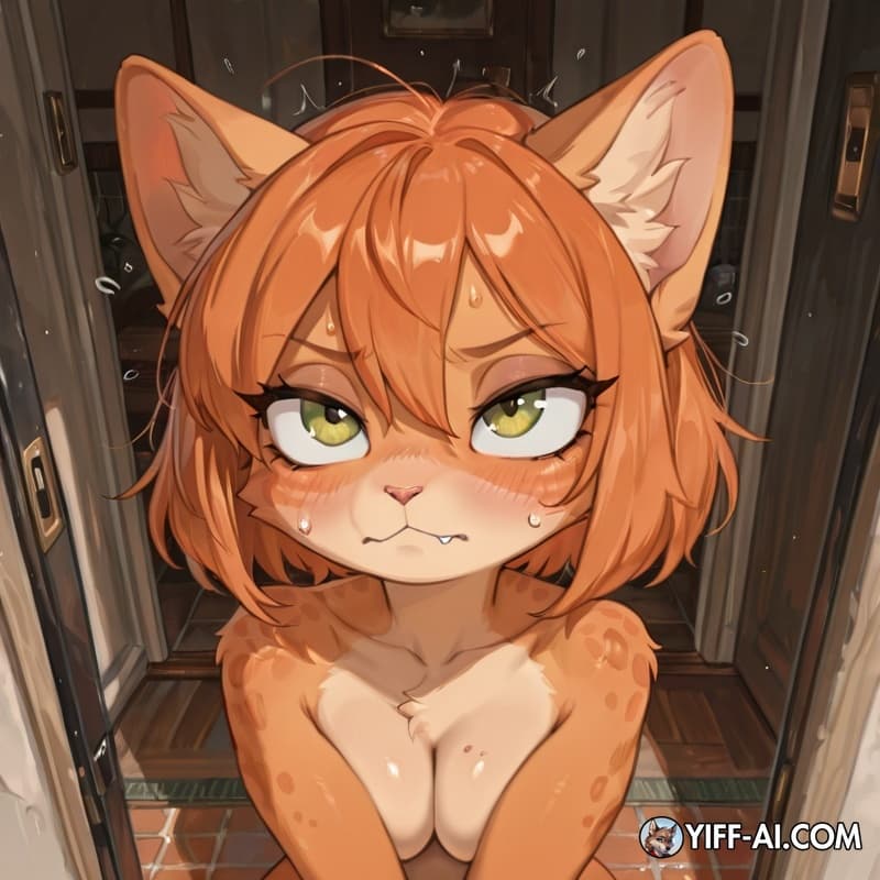 cat orange_body, orange_hair, freckled_face,