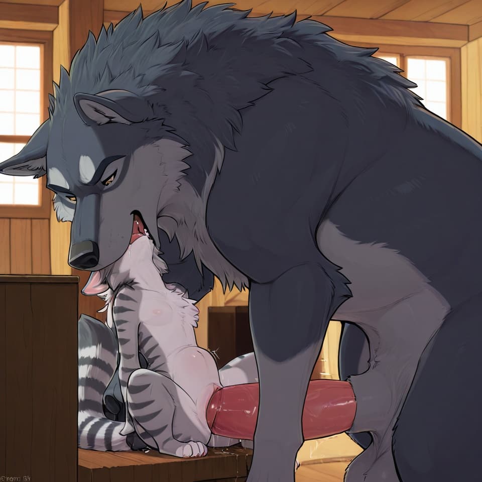 (Male wolf, huge, (feral:1.3), humanoid_penis), (female house_cat, (feral:1.3)), oral_penetration, feral_on_feral, feral_penetrating_feral, size_difference, larger_male, random_position,