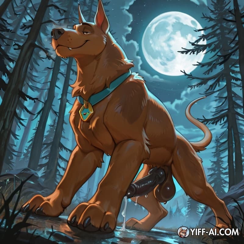 Solo scooby doo with his feral cock dripping pre overtop of the camera with wooded background and a full moon in the air