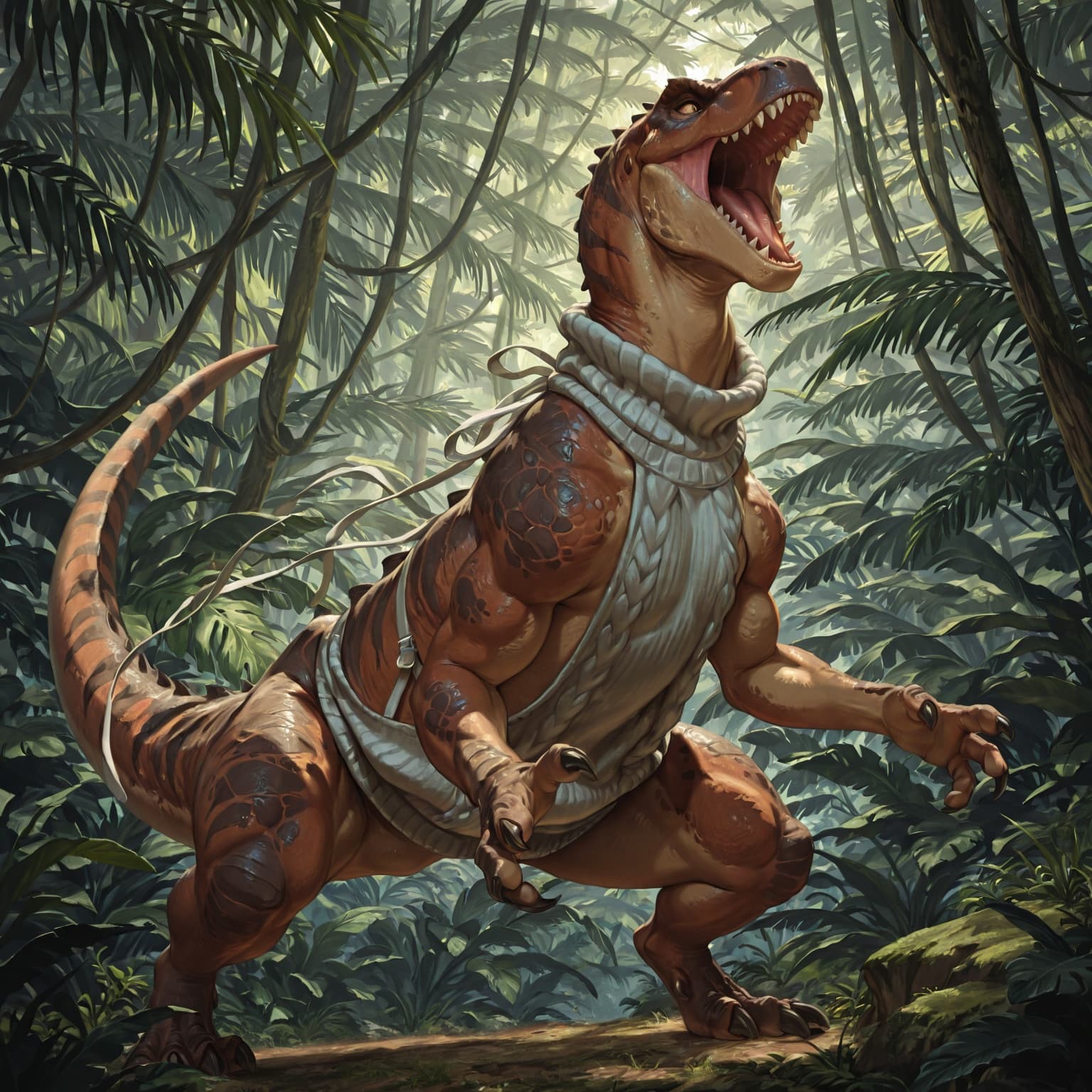 solo, feral,  male, dinosaur, scalie, tyrannosaurus_rex, jungle, roaring, virgin_killer_sweater,  short_arms, tiny_arms,