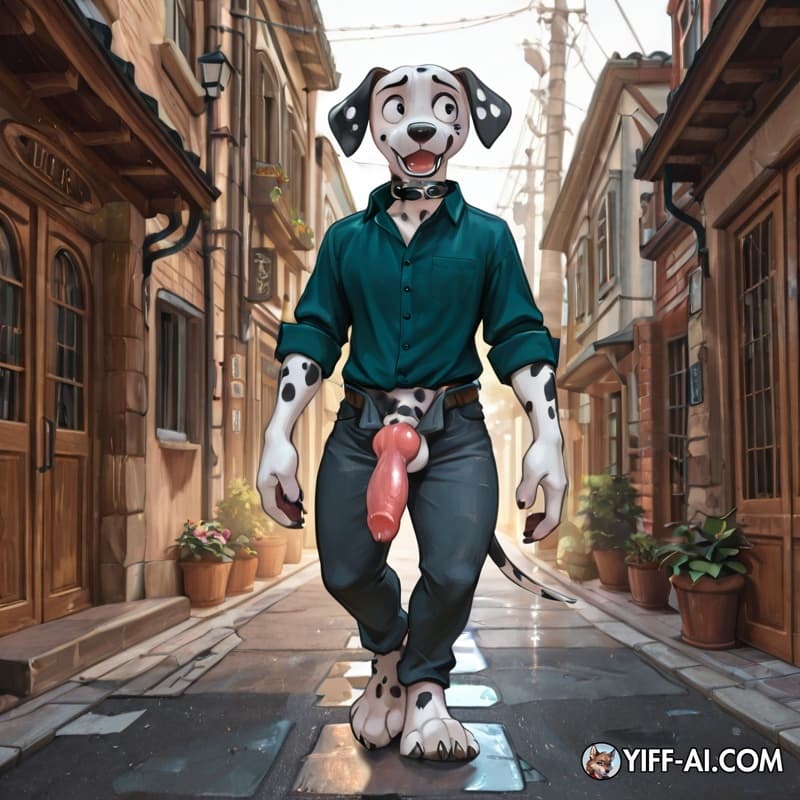 Dalmatian, adolescent_anthro, button_down_shirt,  open_pants, big_hands, big_feet, walking, street, cock, knot, sweat, panting, solo, three-quarter_view, 