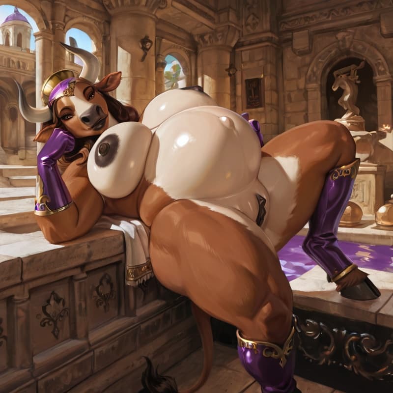 human_on_anthro, chubby, pudgy, curvy_figure, huge_thighs, voluptuous body, two_tone_fur,  pregnant_female_minotaur round_head, nobelwoman, roman_nobelwoman_purple and gold_headwear, fat_minotaur_face
