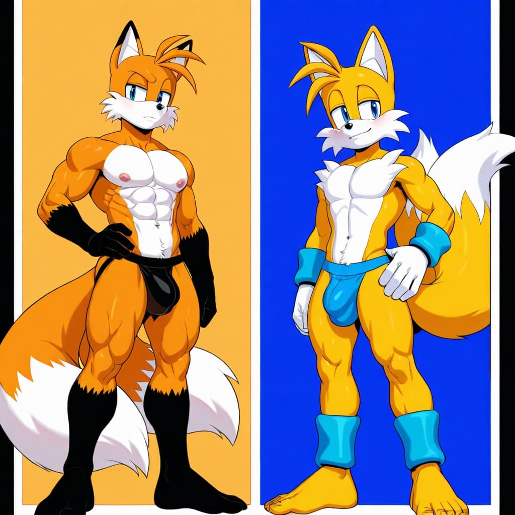 duo, 2 _boys,  male fox, Tails by Sonic, orange_fur,  2_tails, muscular, abs, six-pack,  standing, hand_on_hip,  male fox , Tails Nine by Sonic, yellow_fur,   2_tails, muscular, abs, six-pack,  standi