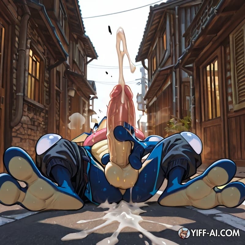 Male_greninja, muscular_anthro, big_hands, big_feet, hyper_genitalia, big_erection, street, masturbation,  sweat, excessive_cum, heat, pants_down, lying_on_ground, screaming, 