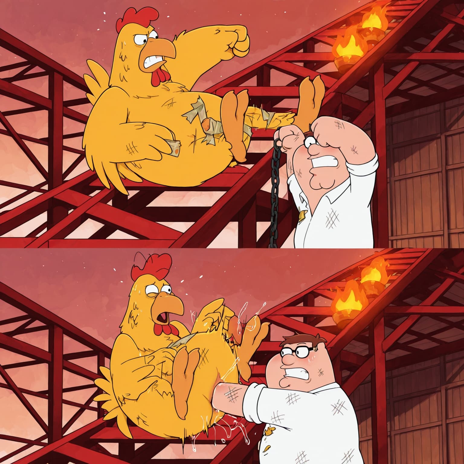 duo, 2_panel_comic, anthro, human, chicken, family_guy, peter_griffin, imminent_penetration, imminent_fisting, fist, fisting, cloacal_penetration, 