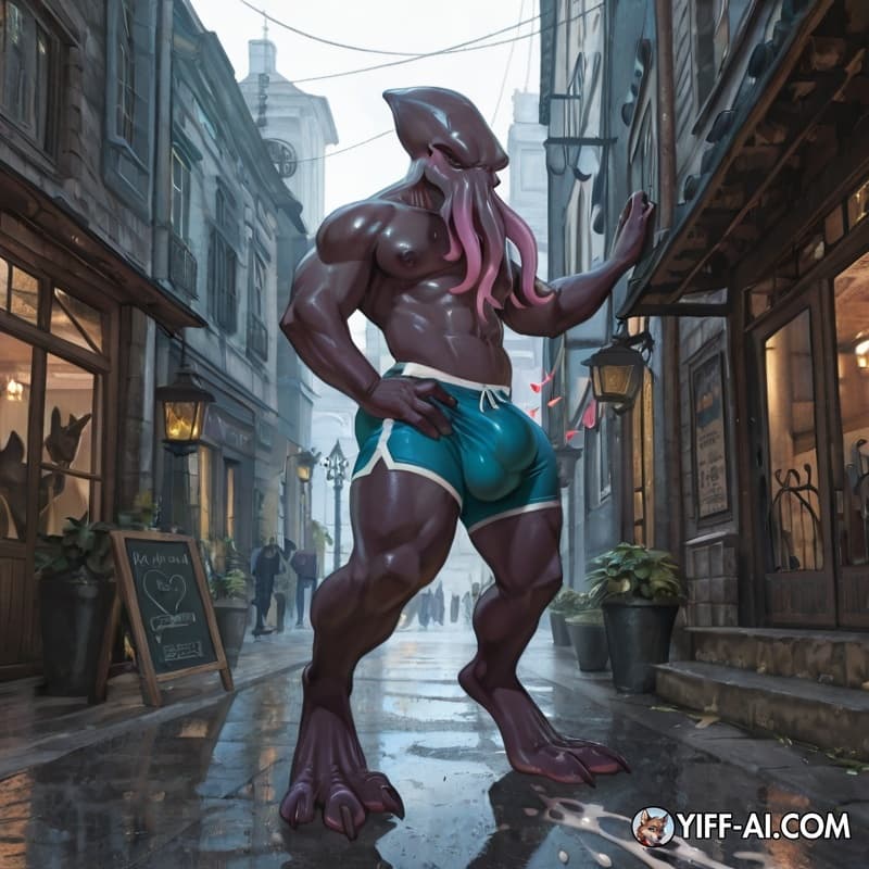 Male mindflayer with four tentacles; shorts, big_bulge, big_feet, standing, full_body, leaking_cum, ashamed, public_humiliation, bulge_grab,