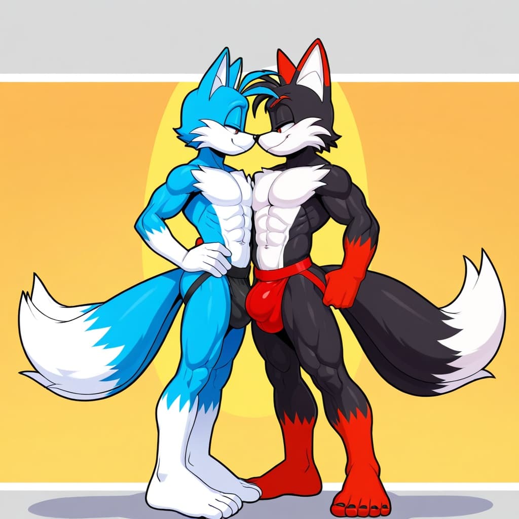 duo, 2 _boys, male fox, Tails by Sonic, 2_tails, muscular, abs, six-pack, standing, hand_on_hip, male fox , Nine by Sonic, 2_tails, muscular, abs, six-pack, standing, jockstrap, big bulge, face