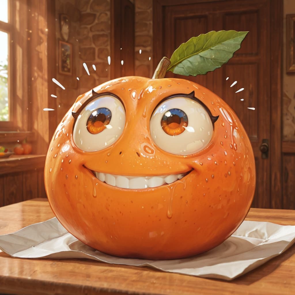 solo, food, fruit, orange, animate_inanimate, face, annoying_orange, the orange has a face with an obnoxious grin and wide eyes,