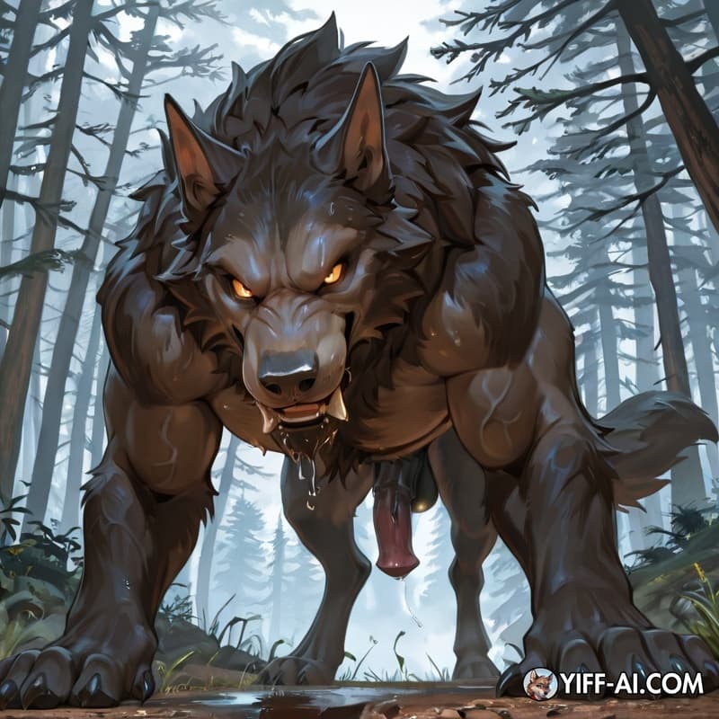 werewolf with horse cock with swollen glans, feral, human