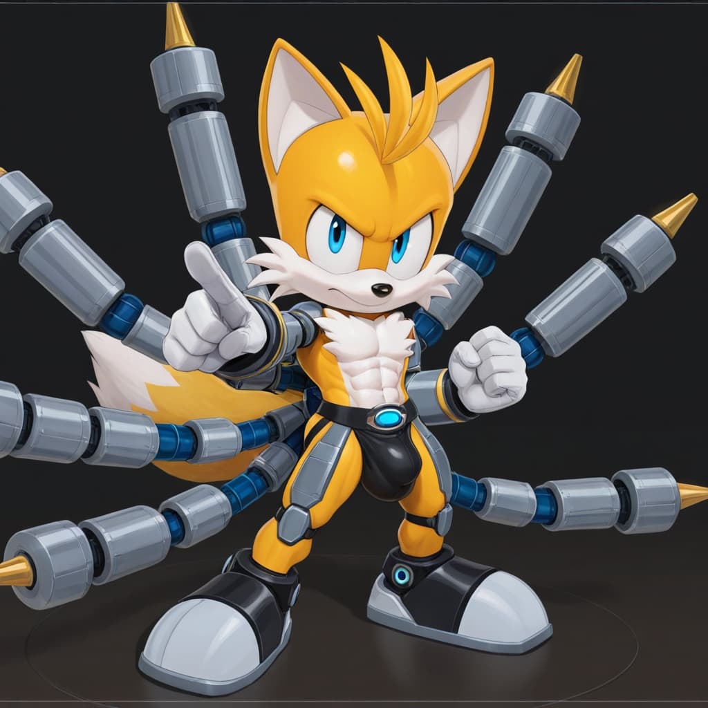 male, solo, anthro, fox, yellow_fur, Tails_Nine_(sonic prime), muscular, abs, six-pack, 2_tails, white_gloves, jockstrap, detailed_bulge, medium_bulge, standing, full_body, three-quarter_view, robotic