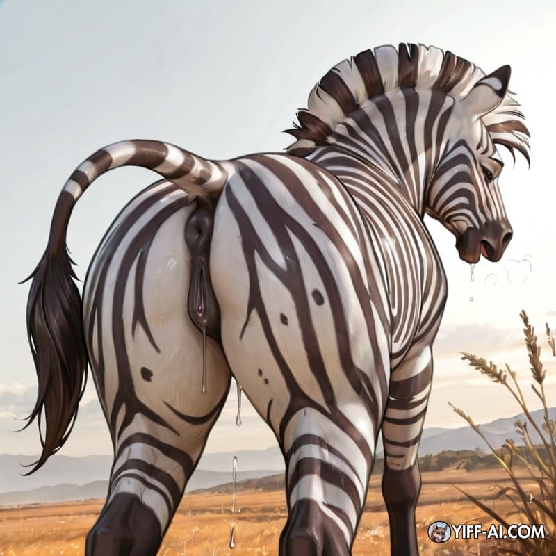 Feral zebra, dripping_vulva, looking_pleasured, looking_back, realistic, 