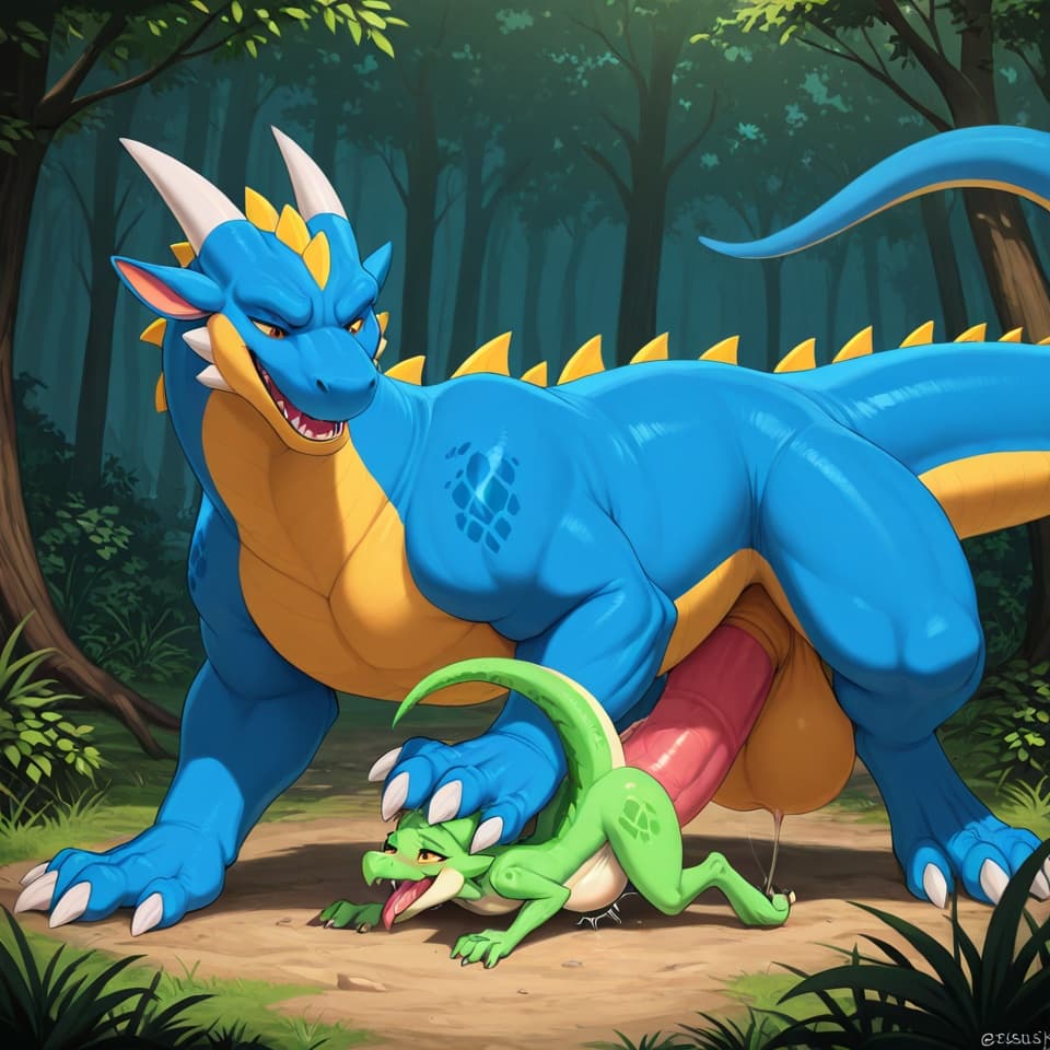 (Male dragon blue, big_penis, (feral:1.3)), +(female kobold green (feral:1.3)), male_penetrating, female_penetrated, fully_inside, size_difference, larger_male, extreme_size_difference, large_penetra