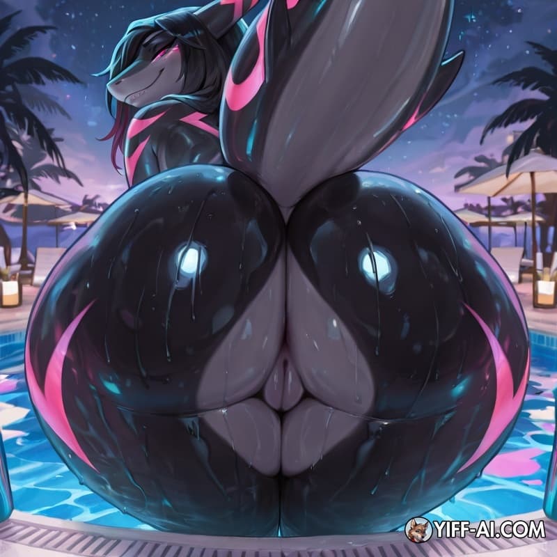 Beautiful_face Nika sharkeh shark super thick_thighs, sexy big bubble booty bent over at the pool long_black_hair neon colored skin night time naked thick body