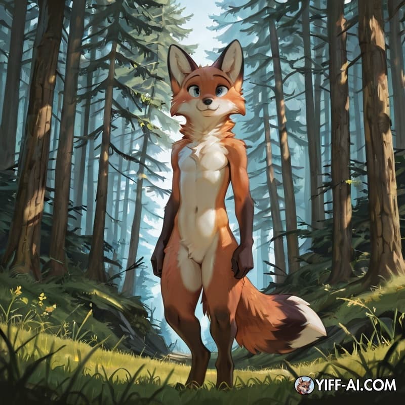 anthro red fox character standing on green grass, blue eyes, daylight forest background, detailed fur, masterpiece quality
