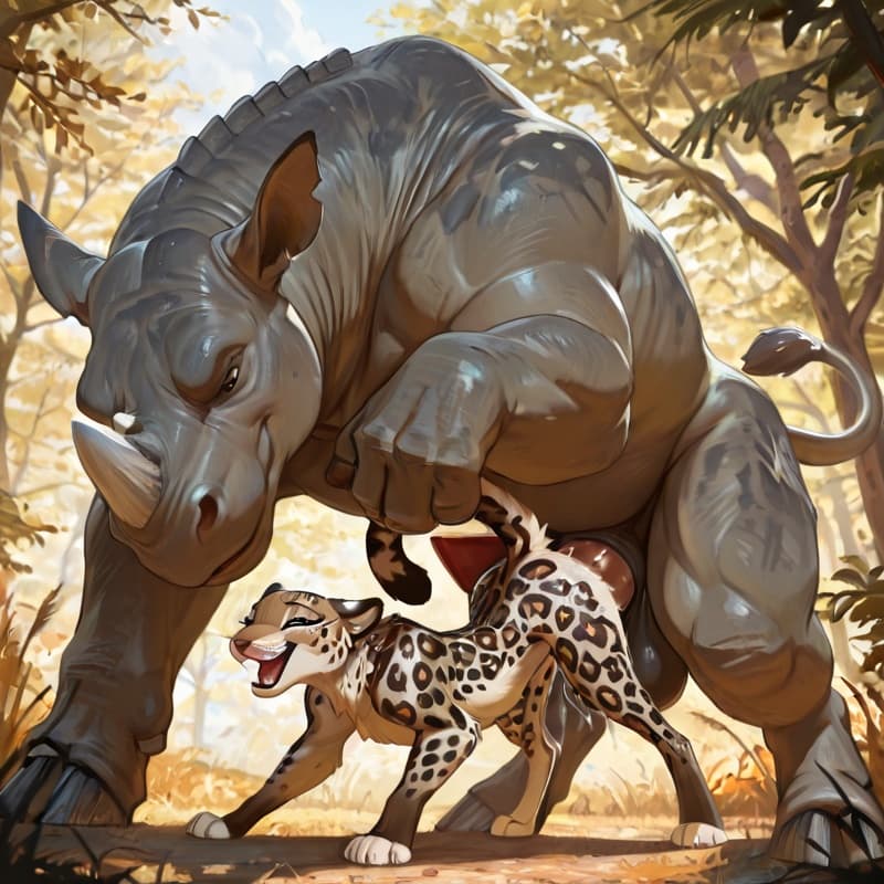 , male rhino, (female_leopard ), penetration, (extreme_size_difference:1.3), size_difference, larger_male, balls_deep, (playful:1.3), (happy_sex:1.3), (feral_penetrated:1.3), vulva, 