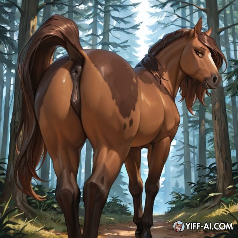 Beautifull brown mare standing in forest from behind.mare exposing pussy.mare is looking back on you.