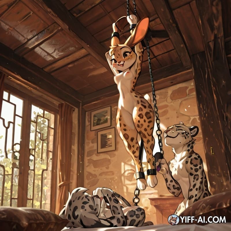 Create an image by redesigning this drawing. It depicts a threesome: a male leopard snep at the top, a rabbit in the middle, and a female leopard snep at the bottom. The rabbit is chained (bondage) wi