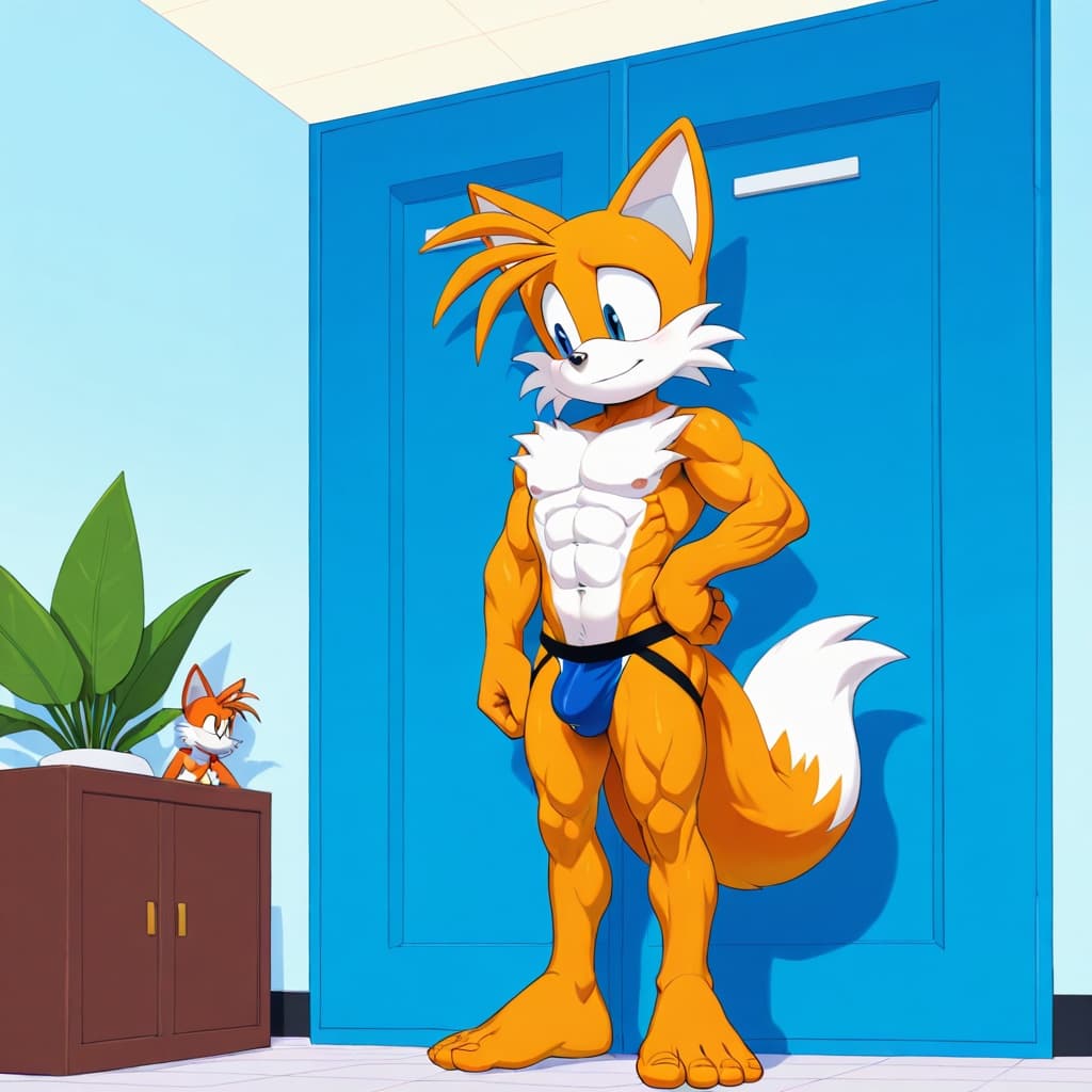 duo, 2 _boys,  male fox, Tails by Sonic, orange_fur,  2_tails, muscular, adult anatomy, abs, six-pack,  standing, hand_on_hip,  male fox , Tails_Nine by Sonic, yellow_fur,   2_tails, muscular, adult a