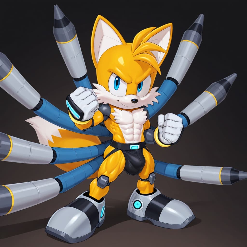 male, solo, anthro, fox, yellow_fur, Tails_Nine_(sonic prime), muscular, abs, six-pack, 2_tails, white_gloves, jockstrap, detailed_bulge, medium_bulge, standing, full_body, three-quarter_view, robotic