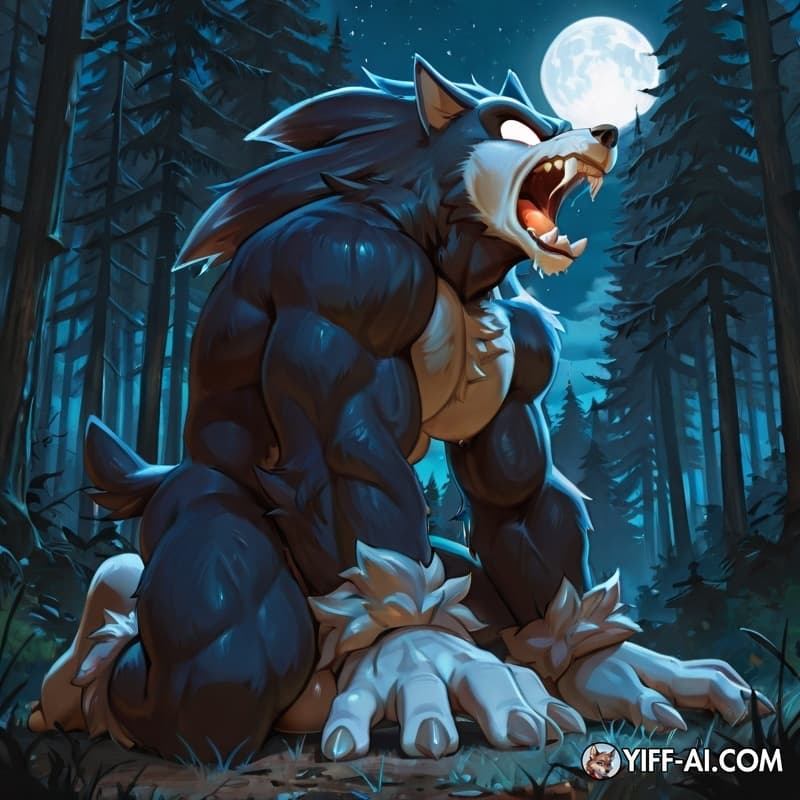 Sonic_the_werehog, big_muscles, big_hands, hyper_genitalia, roaring, kneeling, forest, night, full_moon, 