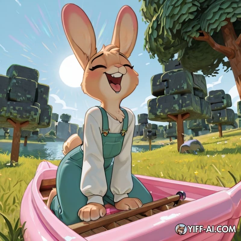 A stylized cartoon anthropomorphic rabbit character with long, pink-lined ears and fluffy blonde fur kneels within a pastel pink boat. The character wears a dark, long-sleeved shirt, its body curved w