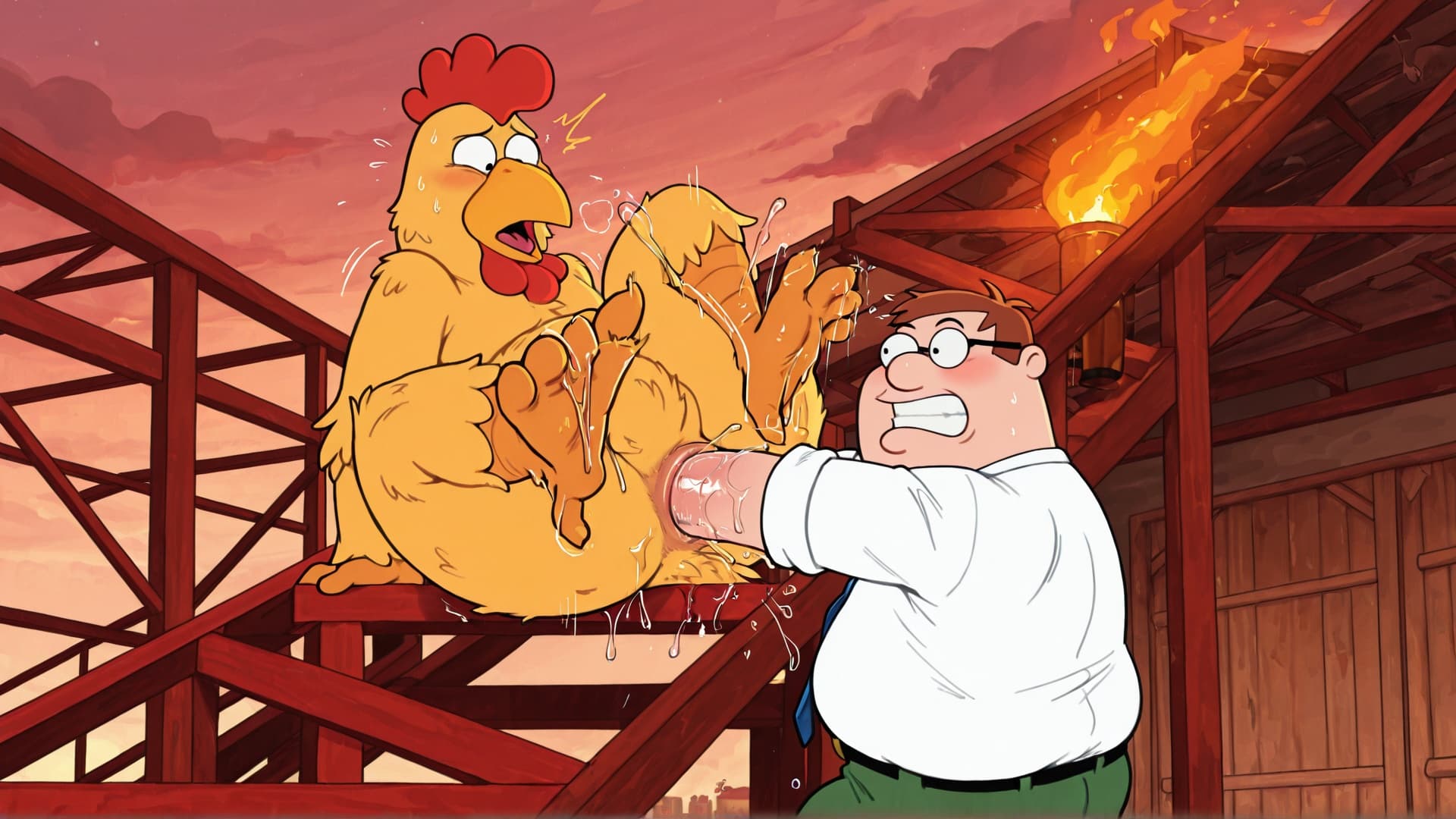 duo,  anthro, human, chicken, family_guy, peter_griffin, struggle, fisting, cloacal_penetration, pain, cloaca_juice, 