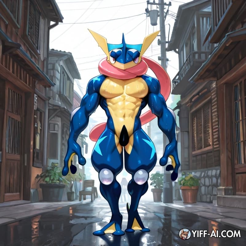 Male_greninja, muscular_anthro, sweat, three-quarter_view, walking, street, muscle_growth, 