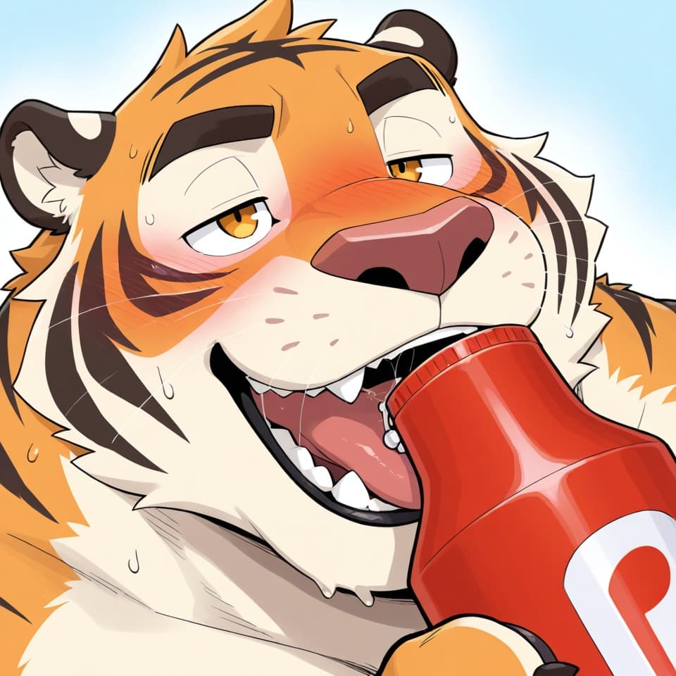 close-up of chubby orange male tiger's face during poppers rush, gay bara kemono, heavily flushed red cheeks and muzzle, dilated wide pupils, eyes half-closed in intense pleasure, tongue sticking out,