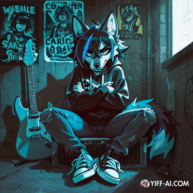 wolf girl, alt girl, emo, scene aesthetic, messy black hair with colored streaks, wolf ears, wolf tail, oversized band hoodie, ripped jeans, converse shoes, blue eyes, resting annoyed face, sarcastic 