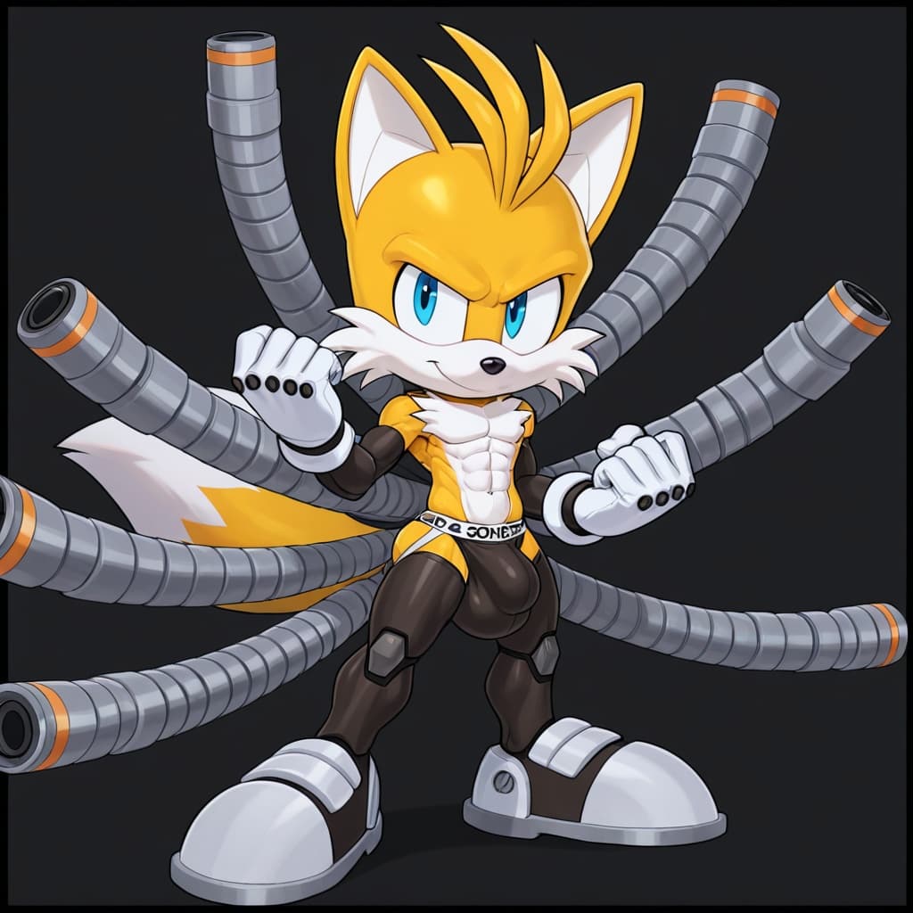 male, solo, anthro, fox, yellow_fur, Tails_Nine_(sonic prime), muscular, abs, six-pack, 2_tails, white_gloves, jockstrap, detailed_bulge, medium_bulge, standing, full_body, three-quarter_view, robotic
