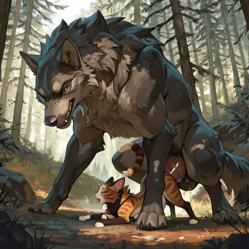 (Male wolf big_penis (feral:1.3)), +(female cat (feral:1.3)), male_penetrating, female_penetrated, fully_inside, larger_male, (extreme_size_difference:1.3), (extreme_penetration:1.3),