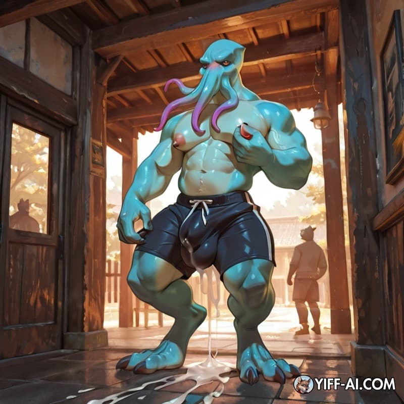 Male mindflayer with four tentacles; shorts, big_bulge, big_feet, standing, full_body, leaking_cum, ashamed, Hard nipples as thick, vessels big muscle, leaked milk out of nipples, hand stimulating nip