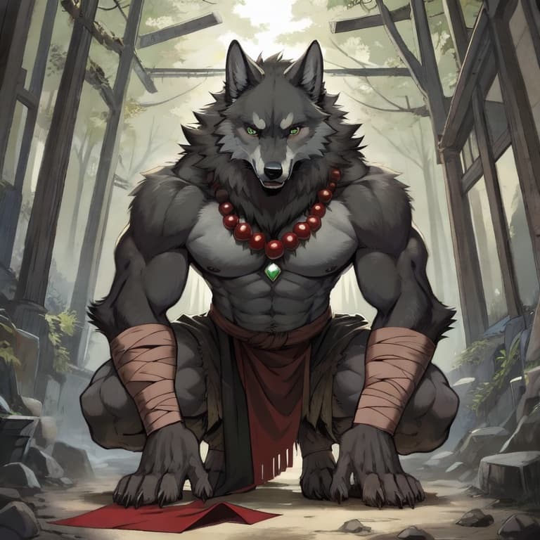 Umbra, a mature anthropomorphic black wolf warrior with a lean muscular build and grounded proportions. Thick layered black fur with dark charcoal gray accents across the chest and muzzle. Emerald gre