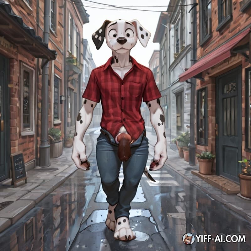 Dalmatian, adolescent_anthro, button_down_shirt,  open_pants, big_hands, big_feet, walking, street, cock, knot, sweat, panting, solo, three-quarter_view, grabbing_cock,