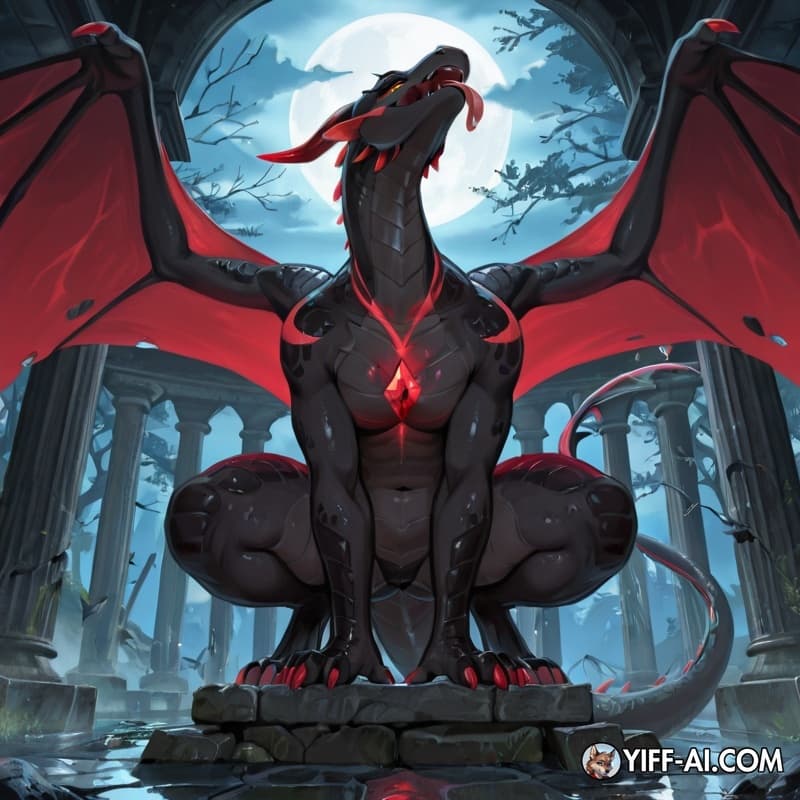 Aesthetic 11,  a feral dragoness crouched low in the ruins of an ancient stone temple, her muscular hind legs tensed like coiled springs as rainwater drips from her obsidian-black scales. The setting 