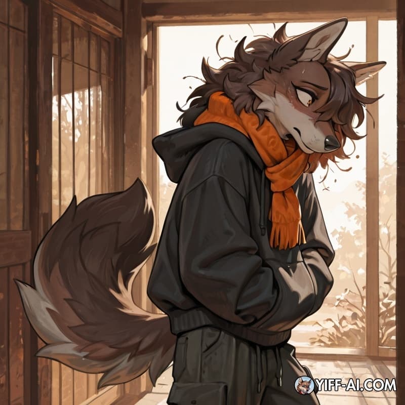 Lean anthropomorphic wolf/canine furry, messy medium-brown fur and shaggy hair covering one eye, tired half-lidded expression, fluffy oversized tail with cream tip, slightly slouched posture, oversize