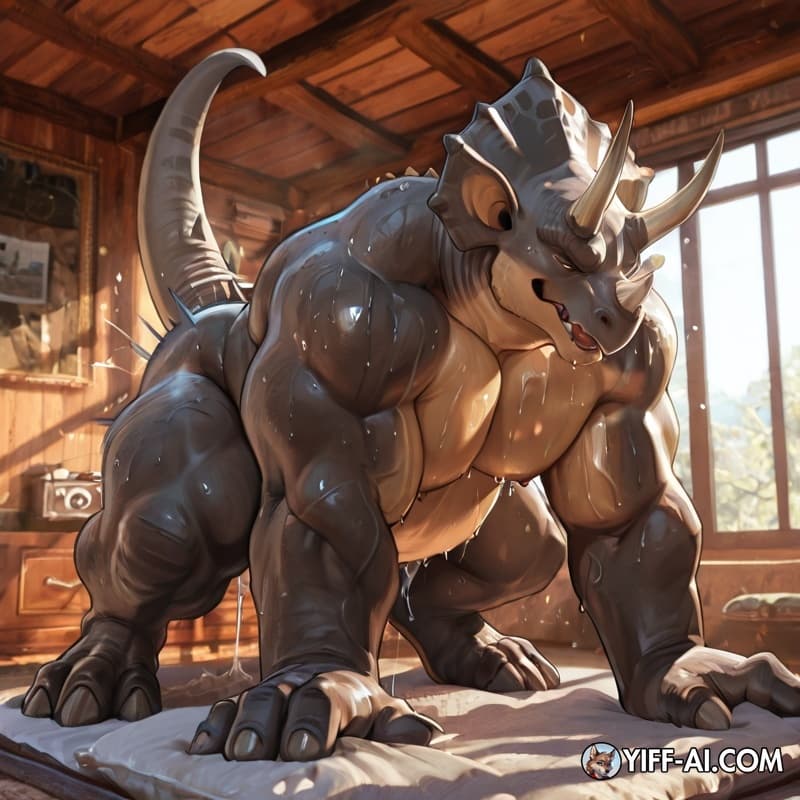 Triceratops, male/male, big_hands, big_feet, muscular, muscular_male, musclegut,  sweating, standing_doggystyle, two_males, 