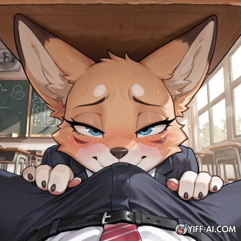 femboy, bulge, classroom, blush_lines, under_table, 