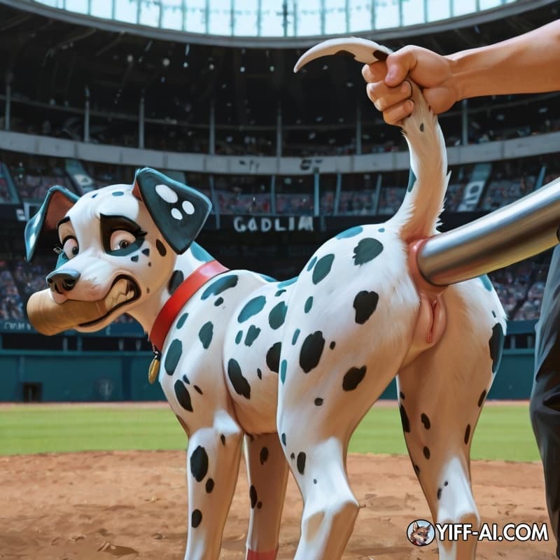 dog, feral, female, dalmatian, canid, animal_genitalia, animal_vulva, slim, human, anal_insertion, baseball_bat_in_ass, baseball_in_mouth,  side_view, presenting_hindquarters, raised_tail, tears_of_pa