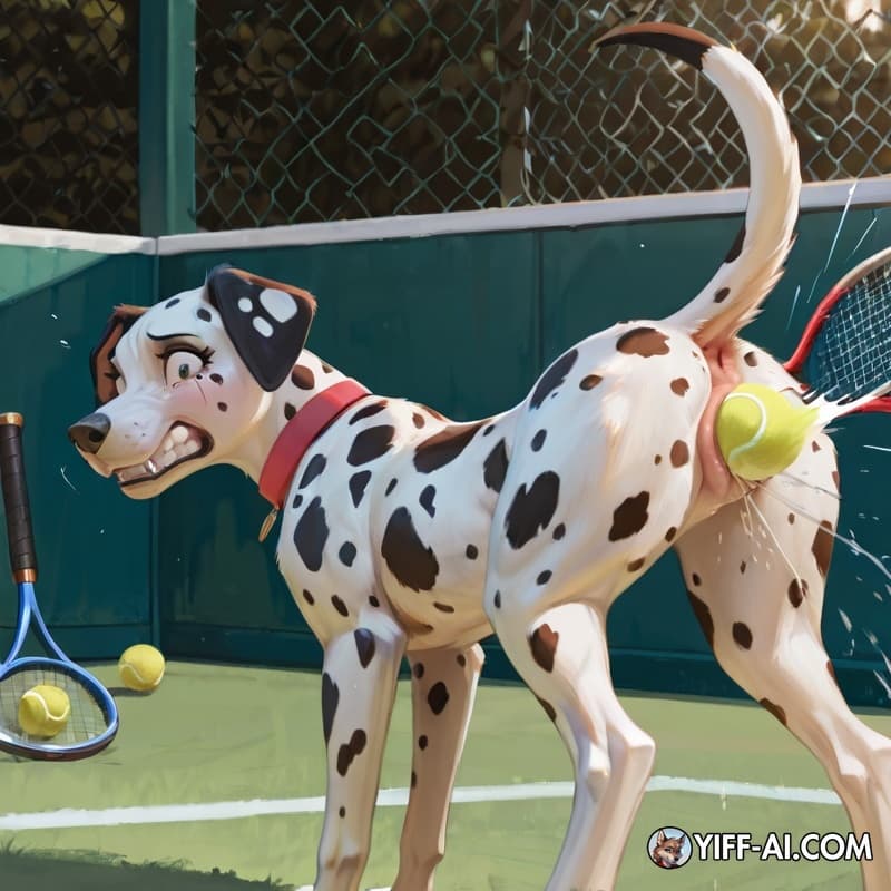 dog, feral, female, dalmatian, canid, animal_genitalia, canine_vulva, slim, vaginal_insertion, tennis_ball_in_vulva, tennis_ball_hit_vulva, vaginal_squirting, side_view, presenting_hindquarters, rais