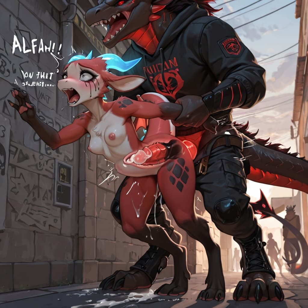 by_sterr, male/female, duo, detailed_fur, female_dragon, female, red_female, small_breasts, breasts, exposed_breasts, exposed_pussy, furred_dragon, digitigrade, three_toes, clawed_feet, bouncing_breas